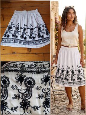 Embroidered Midi Skirt White Black Boho XL